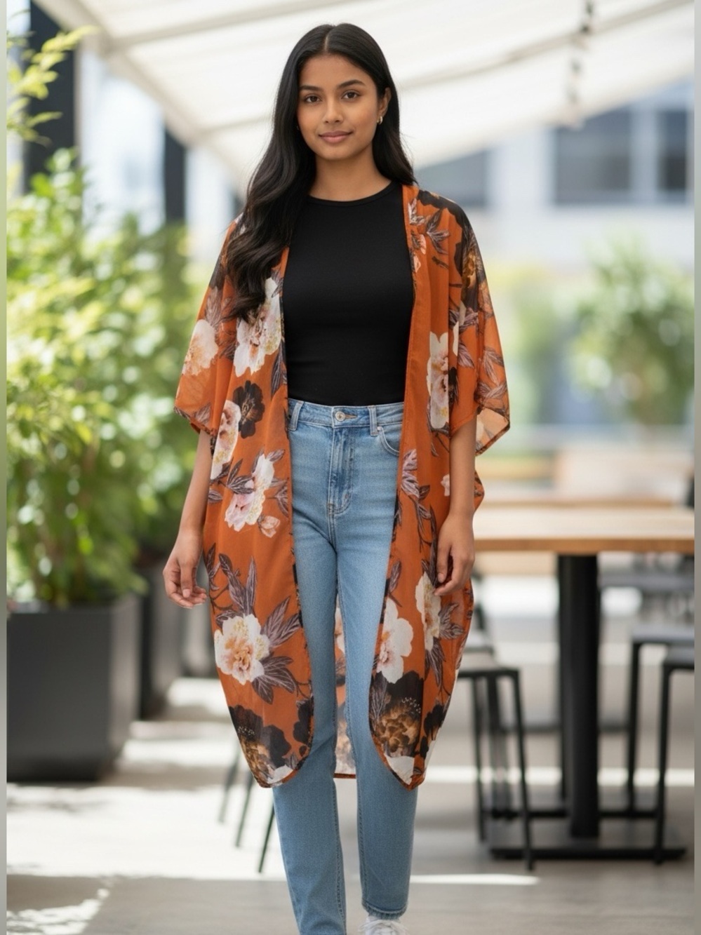 LIVE 4 TRUTH Floral Chiffon Kimono in Orange, black, white. Size L